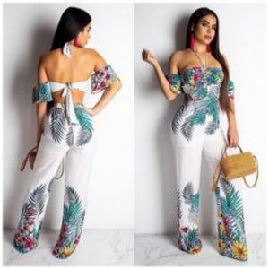 Women Printing Strapless Wide Leg Jumpsuits